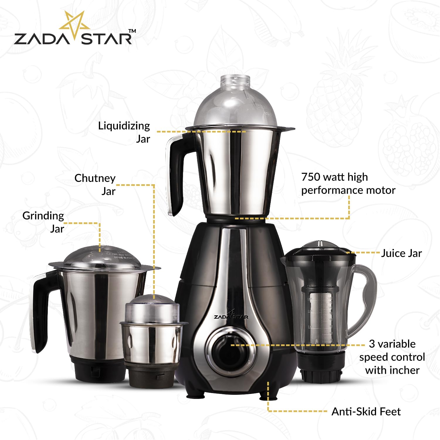 ZADASTAR ZS EXOTIC 750W Juicer Mixer Grinder | 4 Jars | Black and Silver | Overload Protection | 1 Year Replacement Warranty