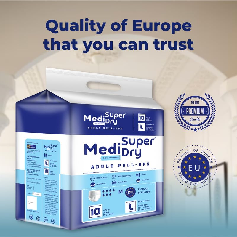 Medisuperdry Adult Diaper Pants | Large (L) |Waist 101-152 cm (40-60 inches) |High Absorbency -10 Hrs |Rash-Free |Leakproof |Breathable |Odourless |Elastic Waist |For Men & Women | 30 Units, Pack of 3
