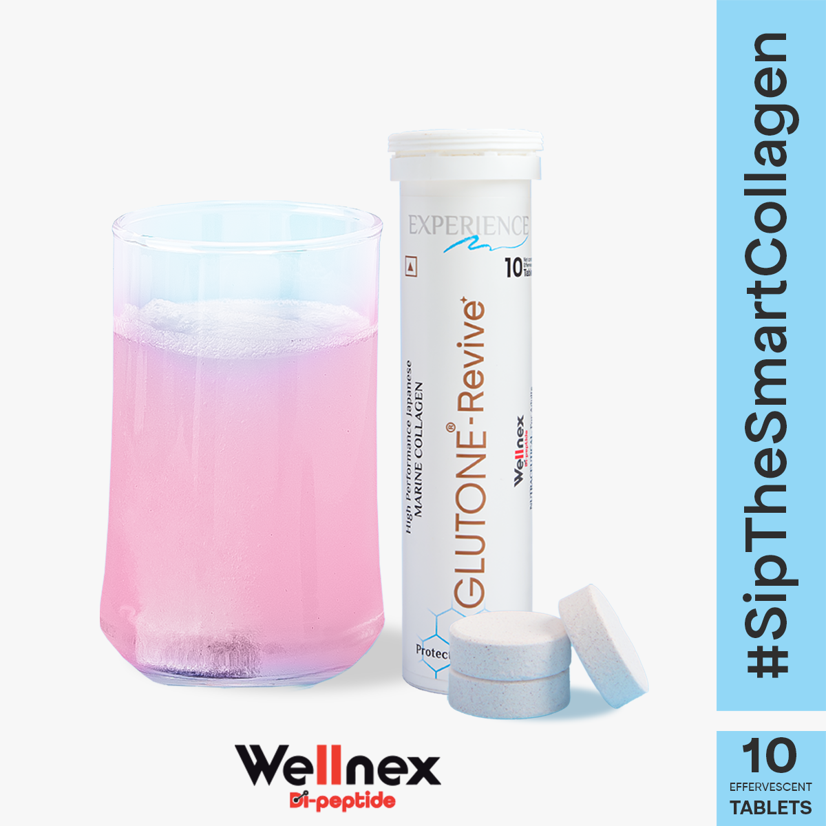Glutone-Revive Effervescent Collagen Tablets – 2500 mg Wellnex Di-Peptide Marine Collagen|Supports Skin Hydration, Elasticity, Smooth Texture | For Men & Women | 10 Blueberry Flavour Tablets