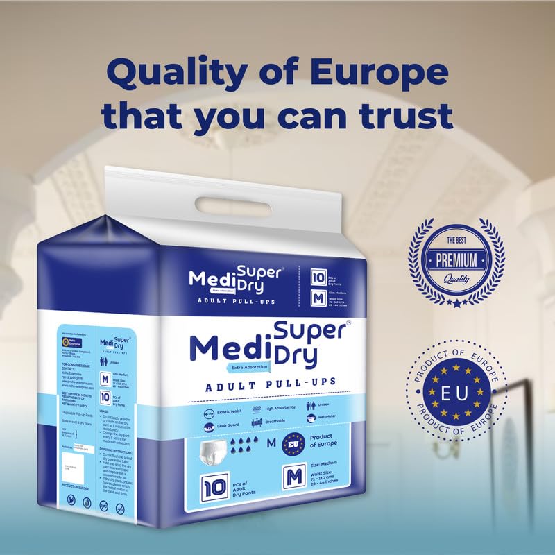 Medisuperdry Adult Diaper Pants | Medium (M) |Waist 71-110 cm (28-44 inches) |High Absorbency -10 Hrs |Rash-Free |Leakproof |Breathable |Odourless |Elastic Waist |For Men & Women | 10 Units, Pack of 1