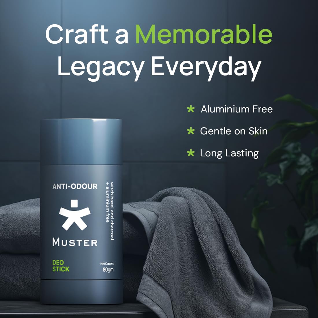 Muster Anti-Odour Deo Stick for Men | Aluminium-Free | Natural Charcoal & Witch Hazel | 80 gm | Long-Lasting Freshness (Pack of 3)