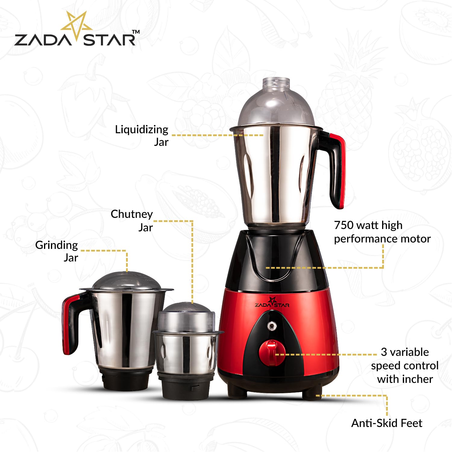 ZADASTAR ZS ELITE 750W Mixer Grinder | 3 Jars | Red and Black | Overload Protection | 1 Year Replacement Warranty