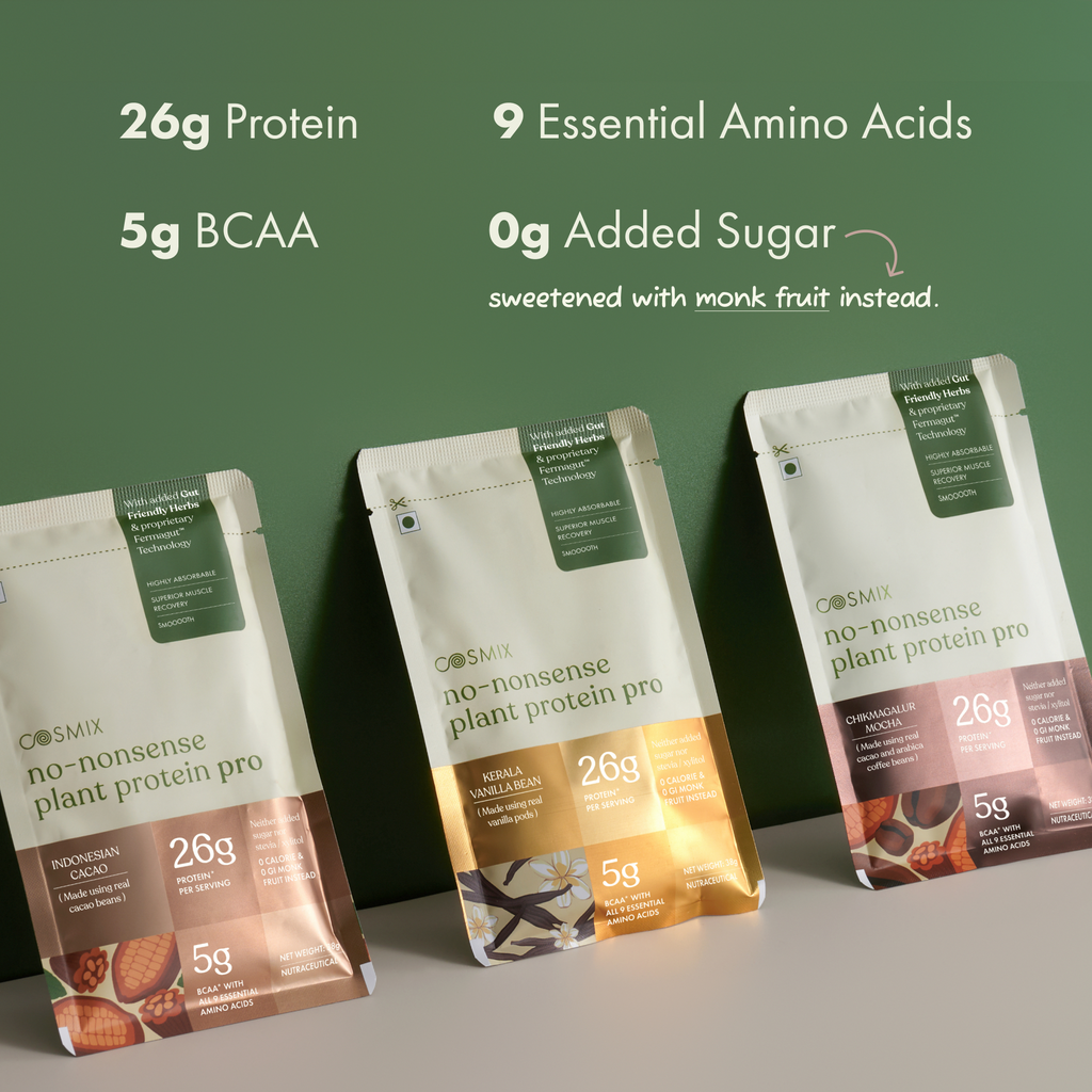 Cosmix No-Nonsense Plant Protein Pro | 26g Protein/Serve | Kerala Vanilla Bean | Yeast Powered Plant-Based Protein | PDCAAS of 1 | Light On Gut, Superior Muscle Recovery - 38g (Pack of 1 Sachet)