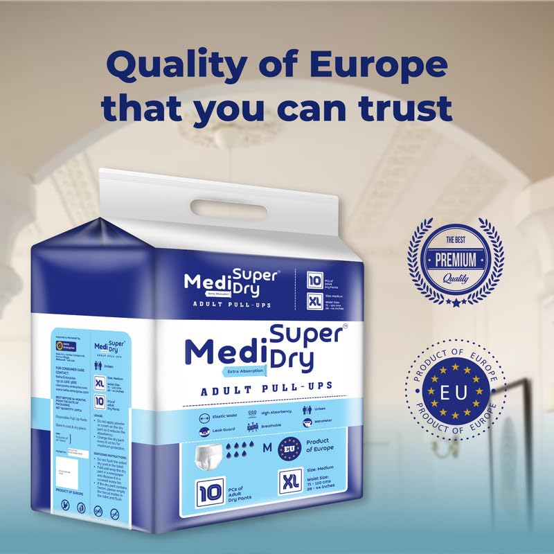 Medisuperdry Adult Diaper Pants | Extra Large (XL) |Waist 147-172 cm (58-68 inches) |High Absorbency -10 Hrs |Leakproof |Breathable |Odourless |Elastic Waist |For Men & Women | 30 Units, Pack of 3