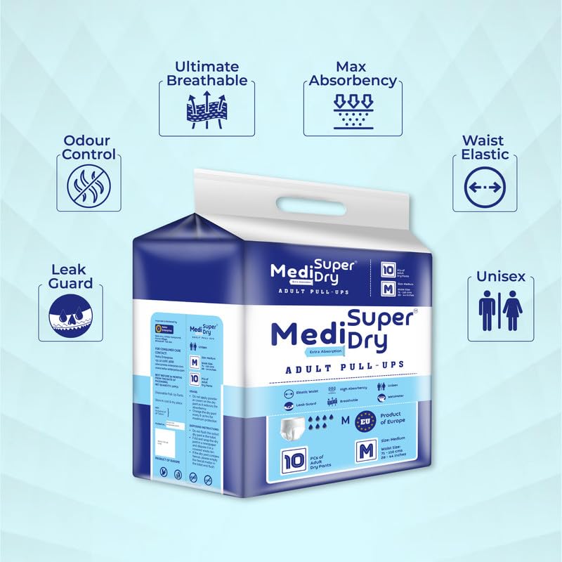 Medisuperdry Adult Diaper Pants | Medium (M) |Waist 71-110 cm (28-44 inches) |High Absorbency -10 Hrs |Rash-Free |Leakproof |Breathable |Odourless |Elastic Waist |For Men & Women | 10 Units, Pack of 1