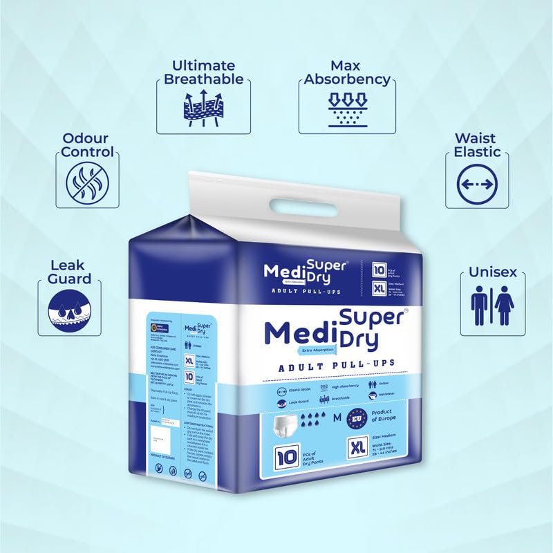 Medisuperdry Adult Diaper Pants | Extra Large (XL) |Waist 147-172 cm (58-68 inches) |High Absorbency -10 Hrs |Leakproof |Breathable |Odourless |Elastic Waist |For Men & Women | 100 Units, Pack of 10
