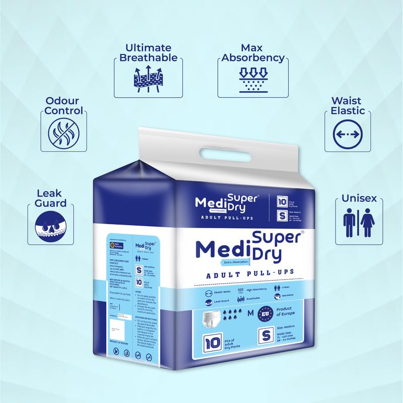 Medisuperdry Adult Diaper Pants | Small (S) |Waist 51-81 cm (20-32 inches) |High Absorbency -10 Hrs |Rash-Free |Leakproof |Breathable |Odourless |Elastic Waist |For Men & Women | 100 Units, Pack of 10