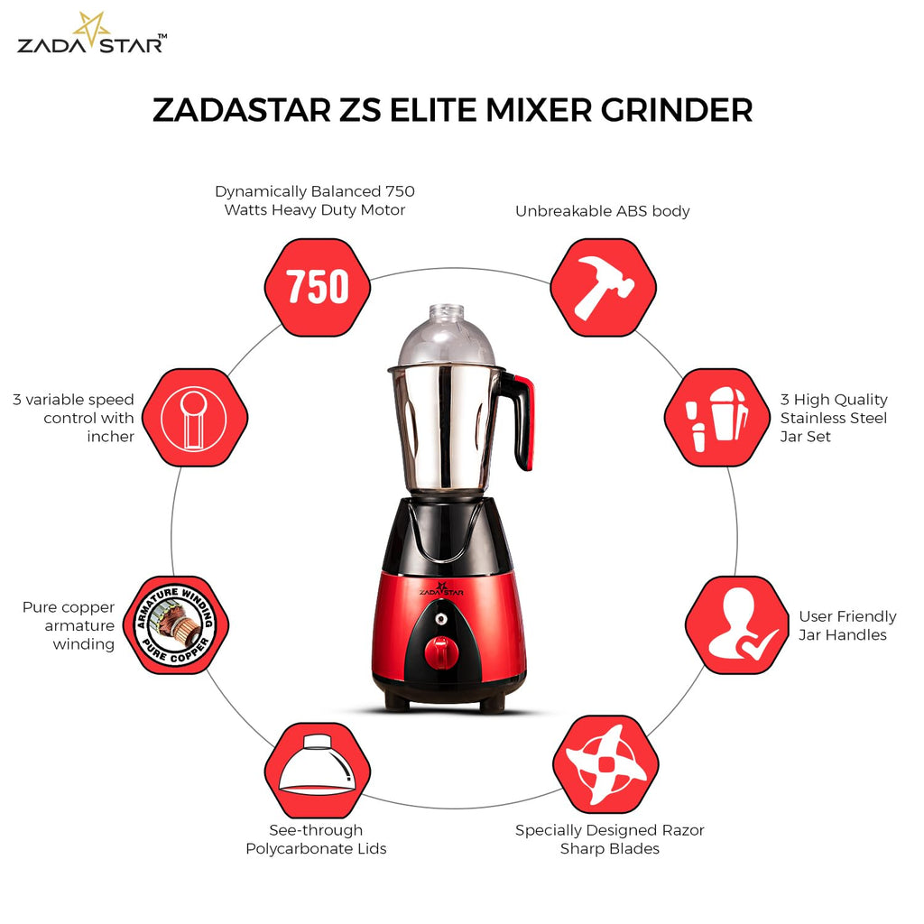 ZADASTAR ZS ELITE 750W Mixer Grinder | 3 Jars | Red and Black | Overload Protection | 1 Year Replacement Warranty