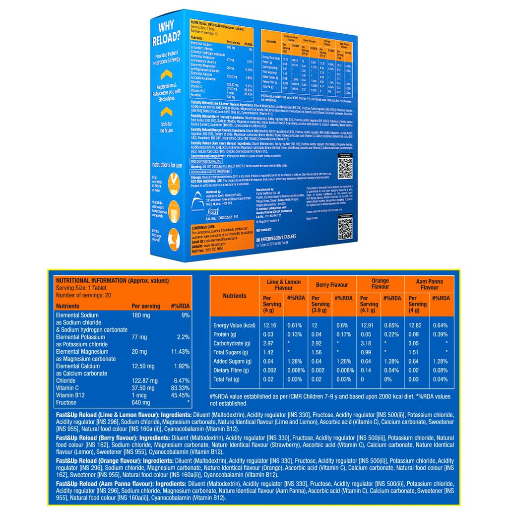 Fast&Up Reload (20 Liters) - (Berry, Aam Panna, Orange, Lime & Lemon)- Low Sugar energy drink for Instant Hydration - Effervescent Tablets with all 5 Essential Electrolytes + Added Vitamins.