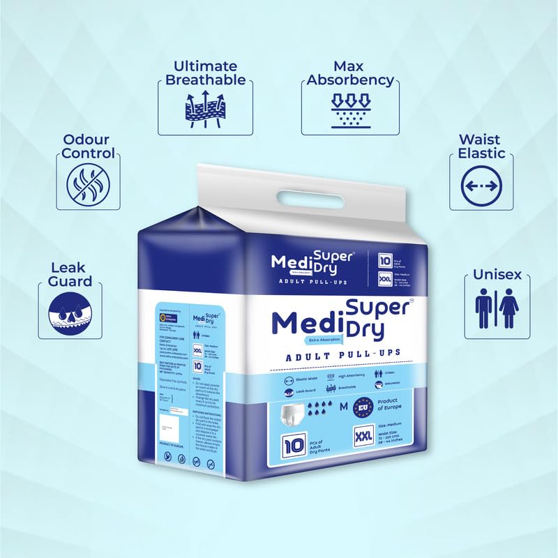 Medisuperdry Adult Diaper Pants | Double Extra Large (2XL) |Waist 152-205 cm (60-80 inches) |High Absorbency -10 Hrs |Leakproof |Breathable |Odourless |Elastic Waist |Men & Women | 10 Units, Pack of 1