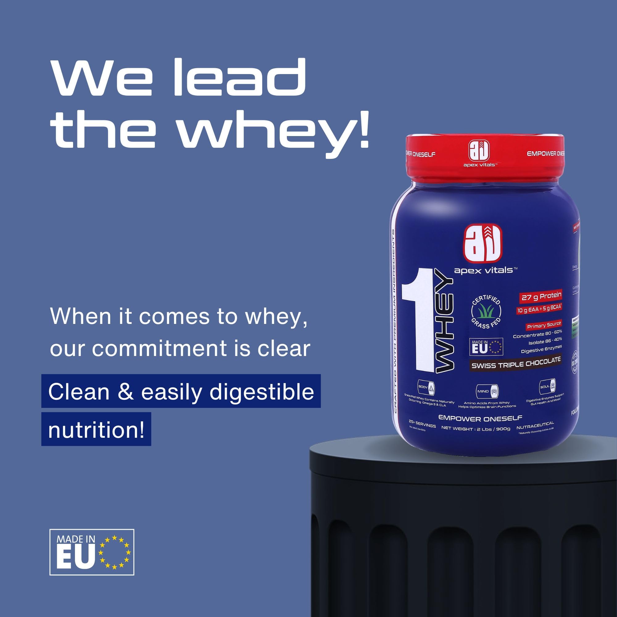 Apex Vitals 1 Whey|Grass-Fed Whey|Made In Europe|FDA,EFSA & FSSAI Certified|27g Protein, 10g EAA+ 5g BCAA|Concentrate 80-60%,Isolate 86-40%,Digestive Enzymes|2lbs (900g)-25+ Ser-Swiss Triple Chocolate