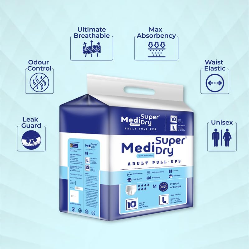 Medisuperdry Adult Diaper Pants | Large (L) |Waist 101-152 cm (40-60 inches) |High Absorbency -10 Hrs |RashFree |Leakproof |Breathable |Odourless |Elastic Waist |For Men & Women |100 Units, Pack of 10