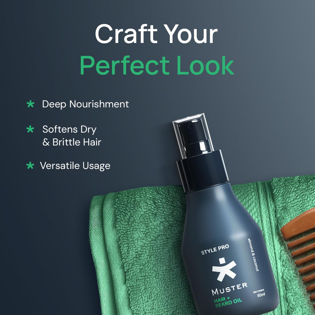 Muster Style Pro Hair & Beard Oil | 80 ML | Non-Greasy Formula | Styling Hair & Beard Spray | Almond & Coconut Oil | Deep Moisturization | Scalp & Skin Care