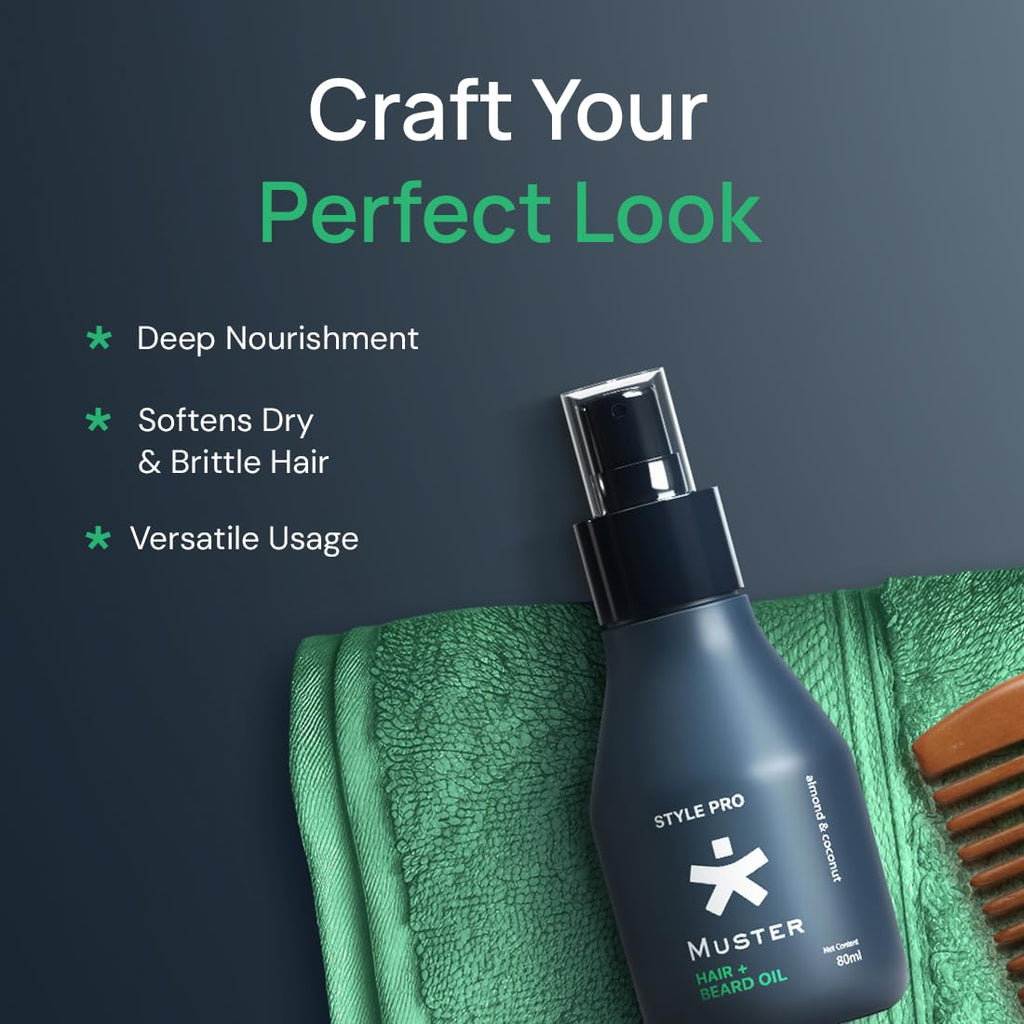 Muster Style Pro Hair & Beard Oil | 80 ML | Non-Greasy Formula | Styling Hair & Beard Spray | Almond & Coconut Oil | Deep Moisturization | Scalp & Skin Care (Pack of 2)