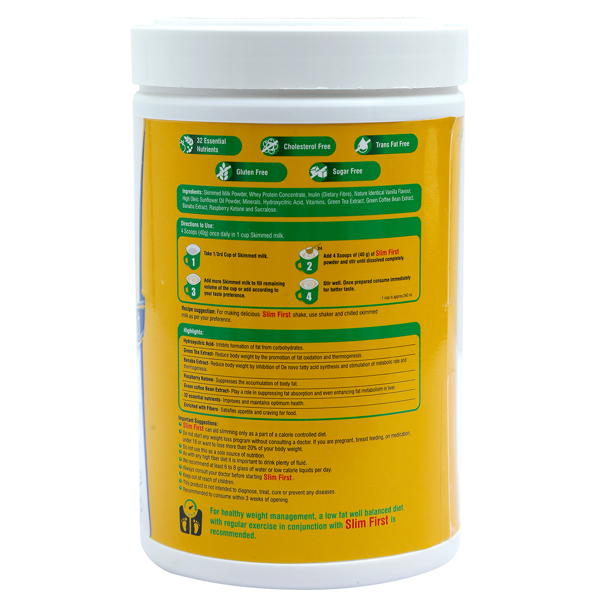SlimFirst Meal Replacement Shake For Weight Management - 400 GM - Sugar-free, Cholesterol-free, Gluten-free Drink with (Raspberry Ketone & Banaba extract)
