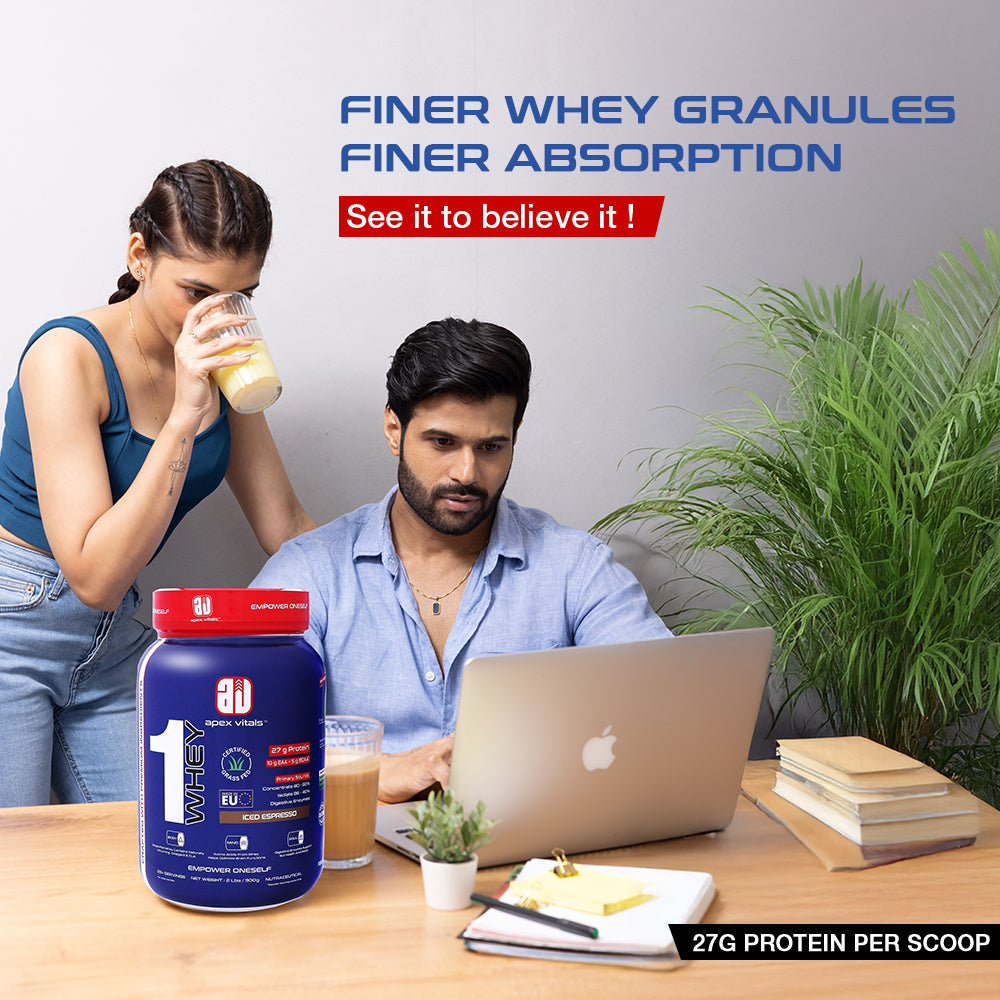 Apex Vitals 1 Whey|Grass-Fed Whey|Made In Europe|FDA,EFSA & FSSAI Certified|27g Protein, 10g EAA+ 5g BCAA|Concentrate 80-60%, Isolate 86-40%,Digestive Enzymes|2lbs (900g)-25+ Ser- Iced Espresso