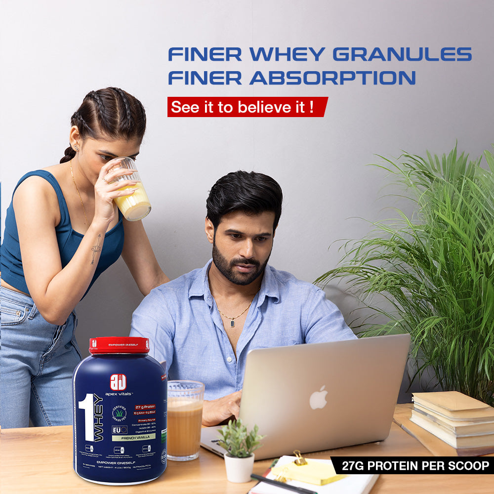 Apex Vitals 1 Whey - Grass-Fed Whey | 27g Protein, 10g EAA + 5g BCAA | Concentrate 80-60%, Isolate 86-40%, Digestive Enzymes | FDA, EFSA & FSSAI Certified|French Vanilla - 4lbs