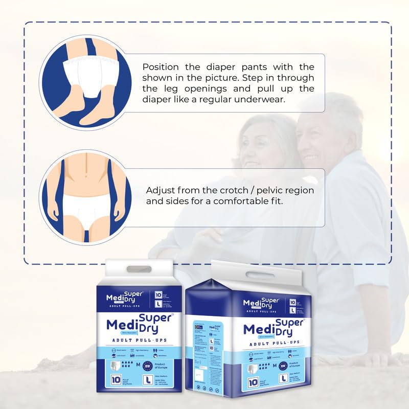 Medisuperdry Adult Diaper Pants | Large (L) |Waist 101-152 cm (40-60 inches) |High Absorbency -10 Hrs |Rash-Free |Leakproof |Breathable |Odourless |Elastic Waist |For Men & Women | 10 Units, Pack of 1