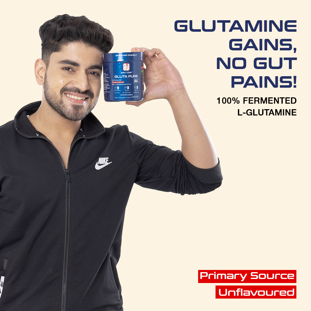 Apex Vitals Gluta Pure L Glutamine 300 G - 60 Ser | German made | Pharma Grade | Made In Europe | FDA, EFSA & FSSAI Certified | Fermented & 100% Micronized | No Chemical Processing & Vegetarian Source