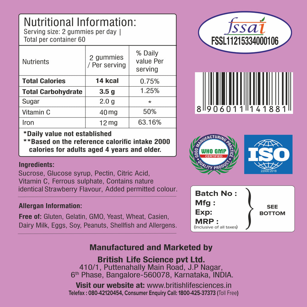 British Life Sciences Happi Kidz Calcium+Vitamin D3 Gummies & Happi Kidx Iron+Vitamin C Gummies Combo | Natural, Strong Bones, Muscles and Teeth, Boosts Immunity