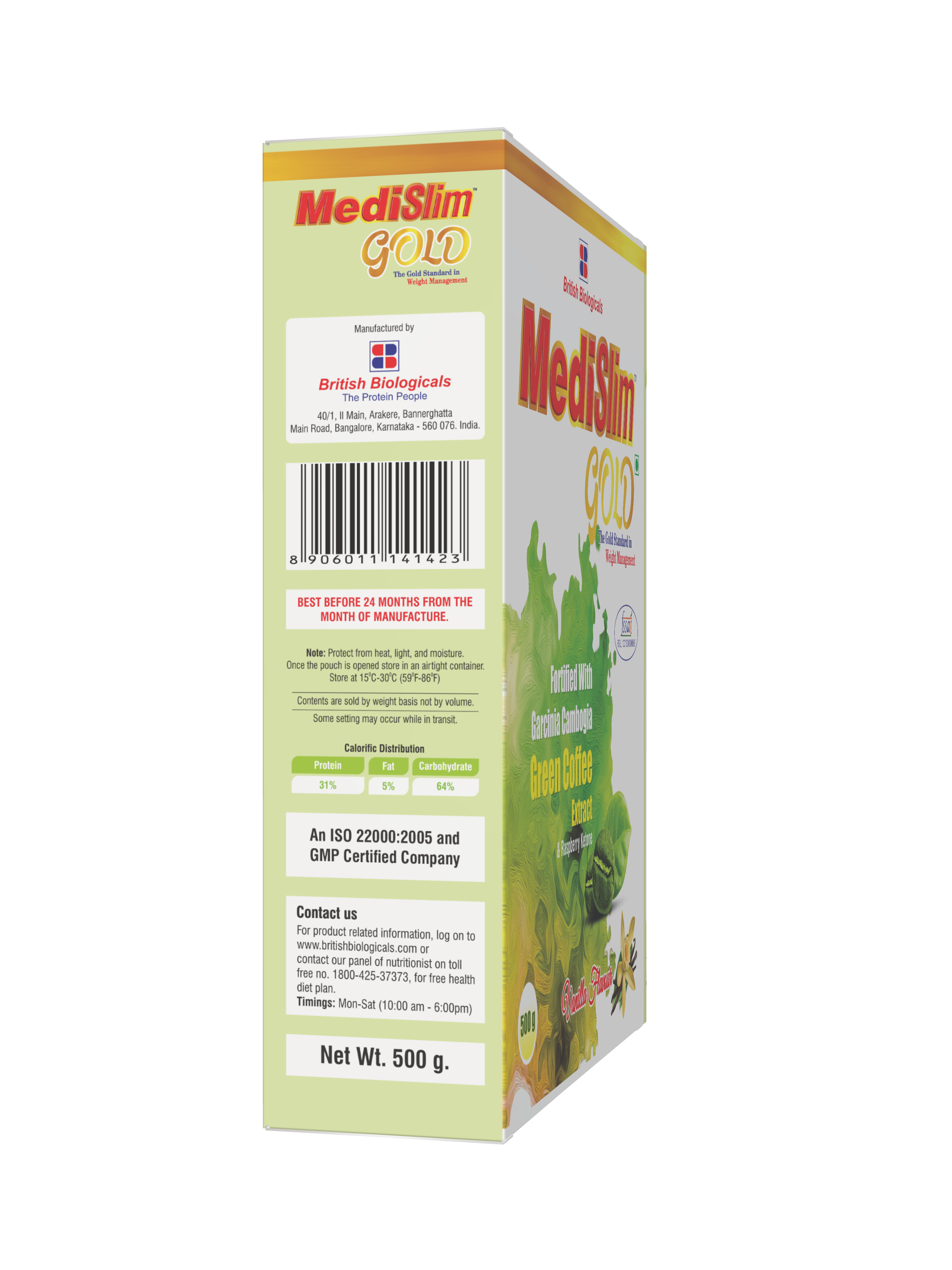 Medislim Gold Meal Replacement Shake For Weight Management - 500 GM - Sugar-free, Cholesterol-free, Zero Trans-fat, Gluten-free Drink with (Goodness of Garcinia Cambogia, Raspberry, Ketone) - BRITISH BIOLOGICALS.