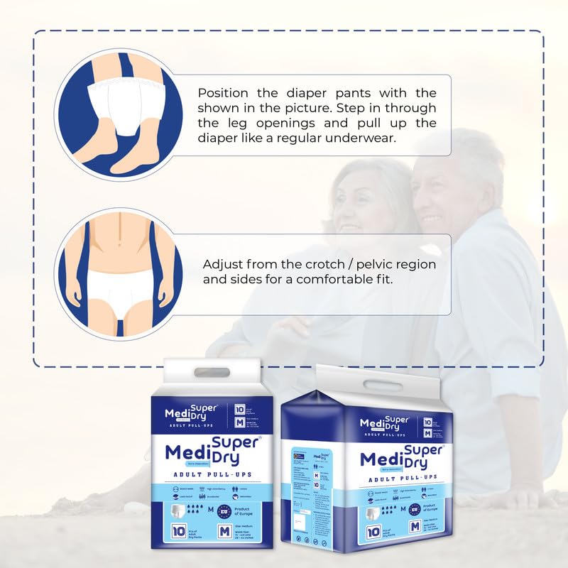 Medisuperdry Adult Diaper Pants | Medium (M) |Waist 71-110 cm (28-44 inches) |High Absorbency -10 Hrs |Rash-Free |Leakproof |Breathable |Odourless |Elastic Waist |For Men & Women | 10 Units, Pack of 1