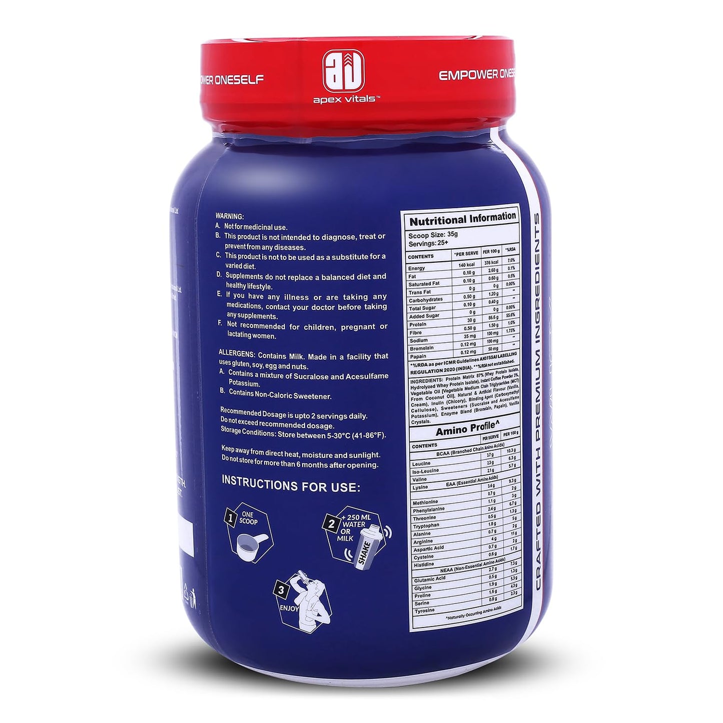 Apex Vitals Whey 2 Pure | Grass-fed Whey made in EU | Whey Isolate & Hydrolyzed | 30g protein, 15g EAA+8g BCAA | Digestive Enzymes | Muscle Build & Recovery | 900gm (2lbs)- 25+ Ser | Chocolate Hazelnut