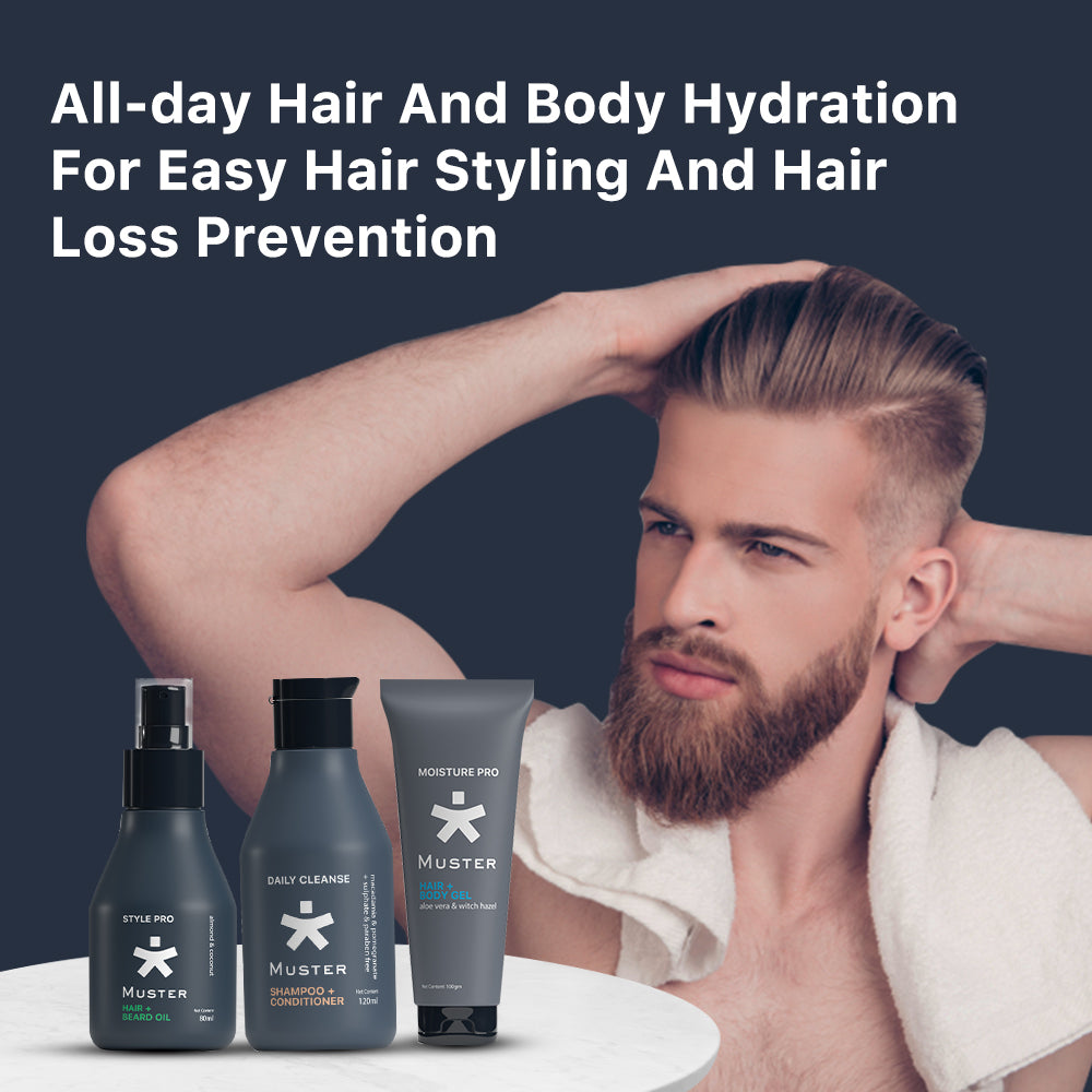 Muster Men Complete Grooming Set | Aloe Vera Hair & Body Gel | Deep Cleanse Shampoo & Conditioner | Anti-Odour Deo Stick | Daily Fresh Face Balm | Style Pro Hair & Beard Oil | Grooming Set for Men