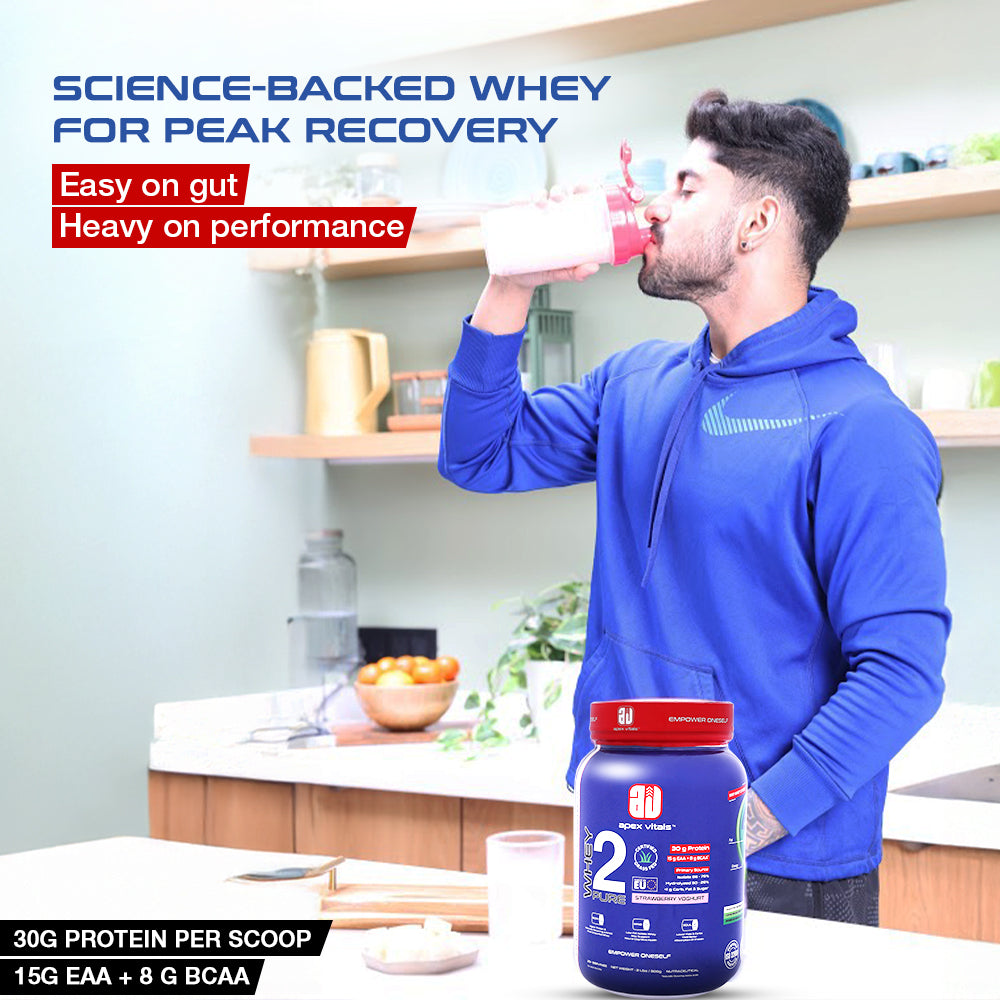 Apex Vitals Whey 2 Pure | Grass-fed Whey made in EU | Whey Isolate & Hydrolyzed | 30g protein, 15g EAA+8g BCAA | Digestive Enzymes | Muscle Build & Recovery | 900gm (2lbs) - 25+ Ser | Strawberry Yogurt