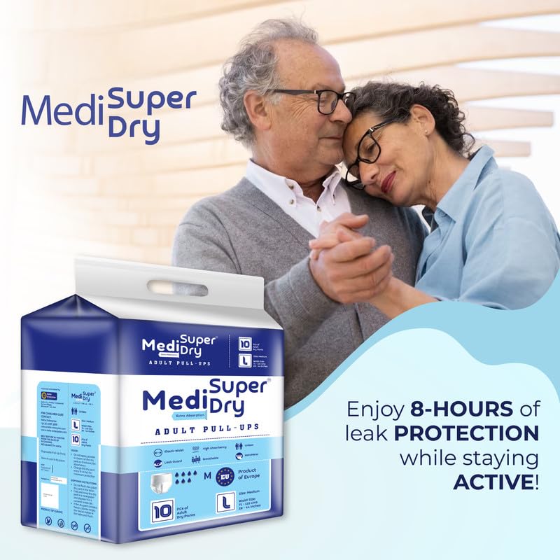 Medisuperdry Adult Diaper Pants | Large (L) |Waist 101-152 cm (40-60 inches) |High Absorbency -10 Hrs |Rash-Free |Leakproof |Breathable |Odourless |Elastic Waist |For Men & Women | 50 Units, Pack of 5