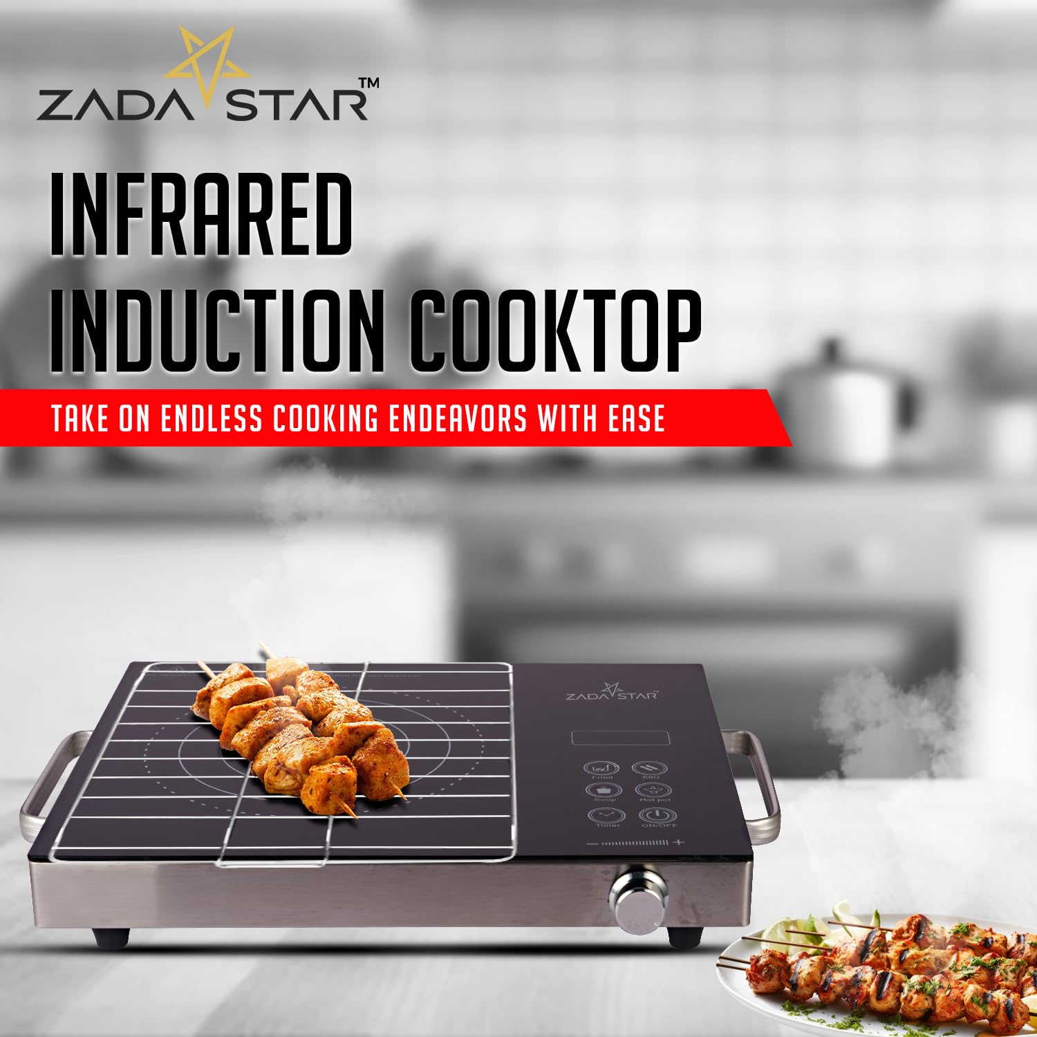 ZADASTAR ZS INFRARED COOKTOP WITH KNOB AND STAINLESS STEEL GRILL | Use All Kinds of Utensils and Dishes | 2200W Power | Cooking Presets | LED Display | 1 YEAR WARRANTY
