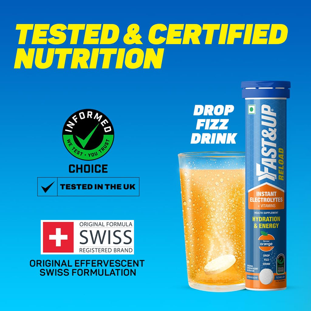 Fast&Up Reload (20 Liters) - (Berry, Aam Panna, Orange, Lime & Lemon)- Low Sugar energy drink for Instant Hydration - Effervescent Tablets with all 5 Essential Electrolytes + Added Vitamins.