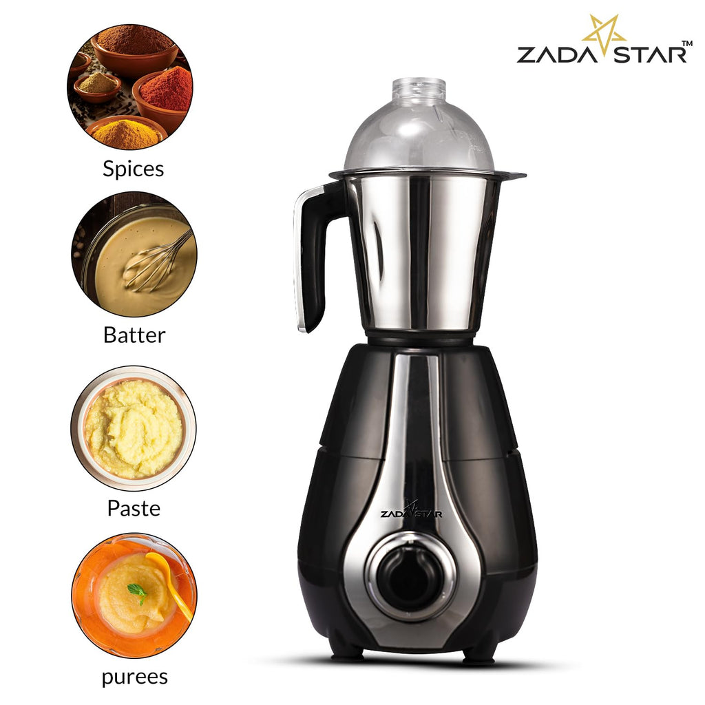 ZADASTAR ZS EXOTIC 750W Juicer Mixer Grinder | 4 Jars | Black and Silver | Overload Protection | 1 Year Replacement Warranty