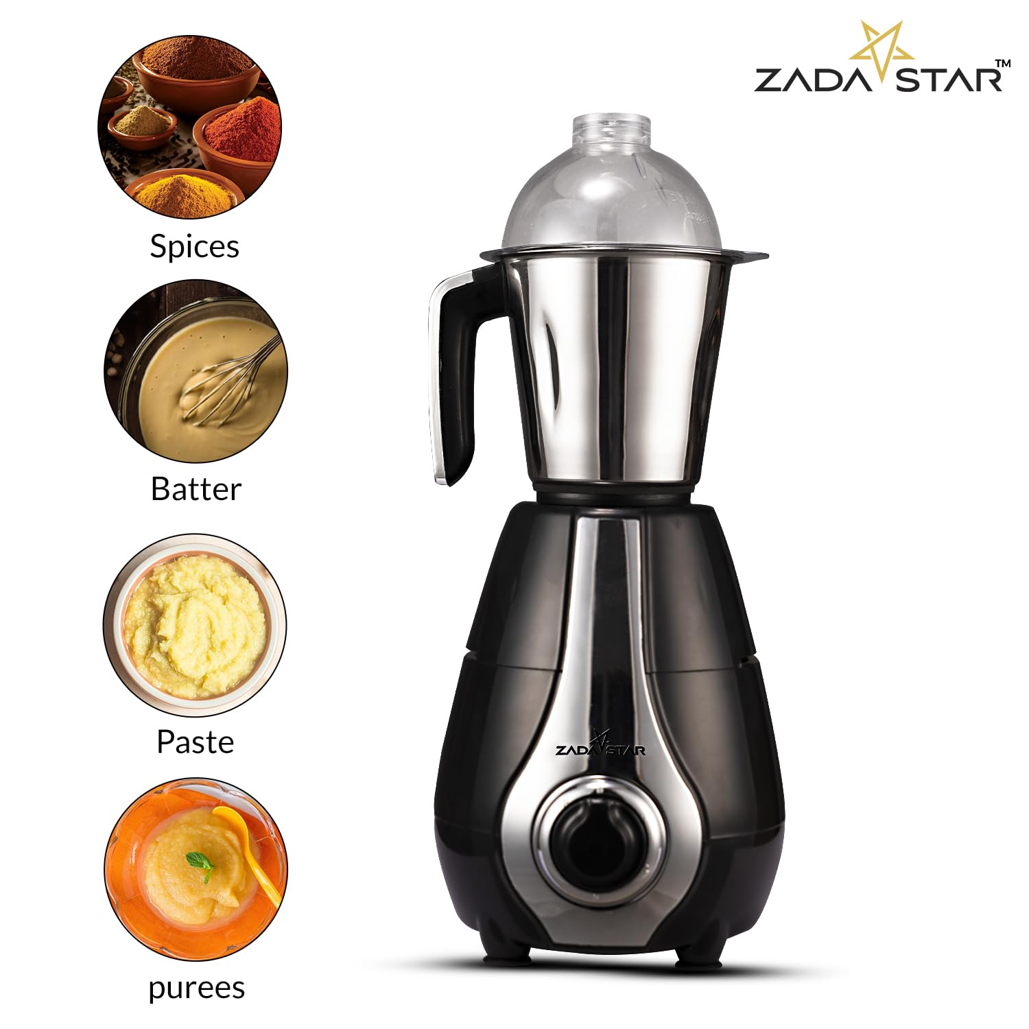 ZADASTAR ZS EXOTIC 750W Juicer Mixer Grinder | 4 Jars | Black and Silver | Overload Protection | 1 Year Replacement Warranty