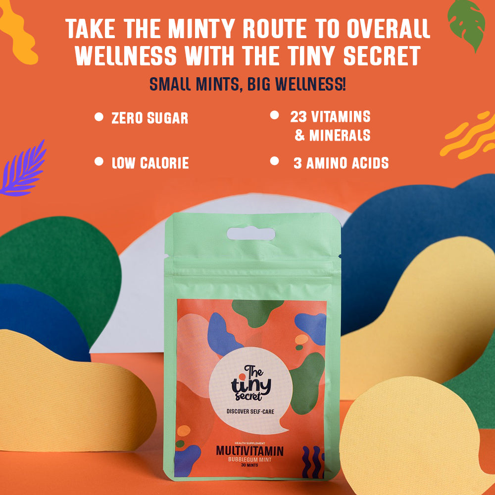 The Tiny Secret Multivitamin Fit Mints | Supports Overall Health | Zero Sugar, Low Fat & Calorie | With 24 Essential vitamins & Minerals | Bubblegum Flavour | 30 Mints Pack of 2