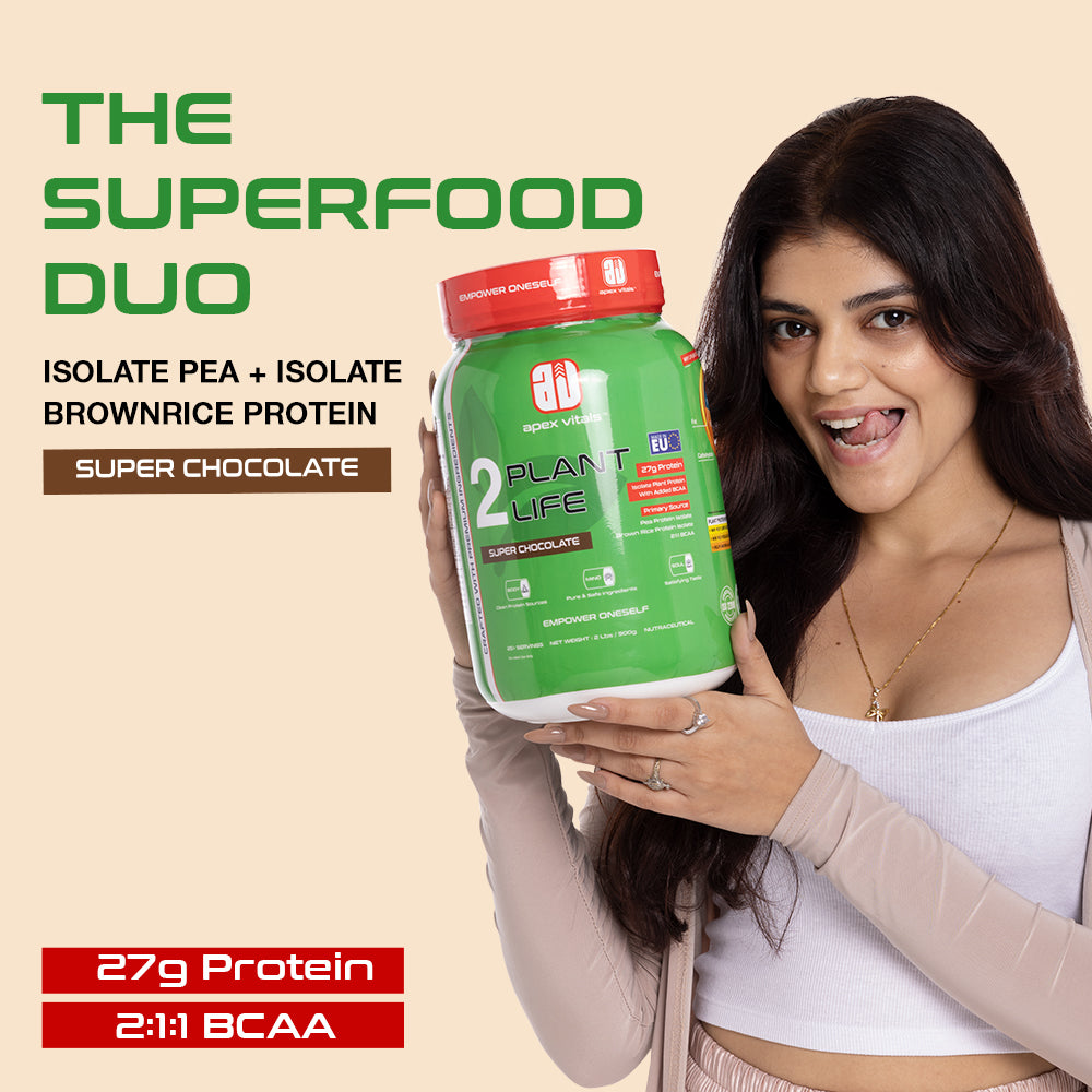 Apex Vitals 2 Plant Life - Natural Vegan Plant Protein Powder | Pea & Brown Rice Isolate|27g Protein, 2000mg BCAA| Easy to Digest |FDA, EFSA & FSSAI Certified |Vegan| Super Chocolate - 2lbs, Shaker, Samples