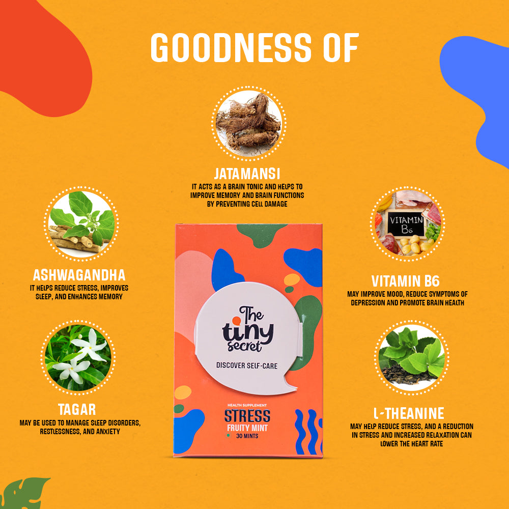 The Tiny Secret Stress Relief Fit Mints | Promotes Relaxation & Calm Mind | Helps Release Stress & Anxiety | With Goodness of Researched Herbal extracts | Fruity Flavour | 30 Mints Pack of 2