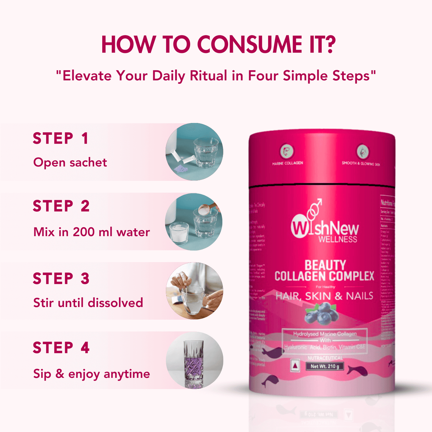 WishNew Wellness BEAUTY COLLAGEN COMPLEX | Radiant Hair, Skin & Nails | 21 Sachets with Collagen, Hyaluronic Acid, Biotin, Vitamins E & C, Rosehip & Curcumin Extracts | Enhanced Absorption Formula | Blueberry