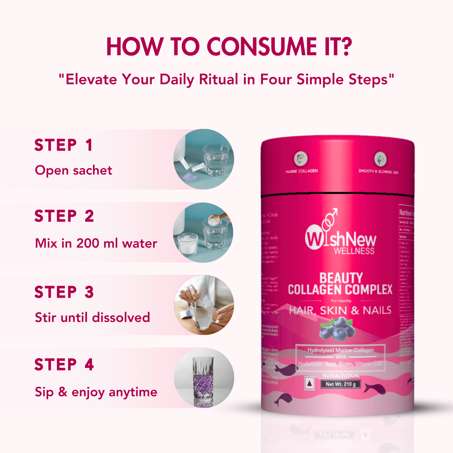 WishNew Wellness BEAUTY COLLAGEN COMPLEX | Radiant Hair, Skin & Nails | 21 Sachets with Collagen, Hyaluronic Acid, Biotin, Vitamins E & C, Rosehip & Curcumin Extracts | Enhanced Absorption Formula | Blueberry