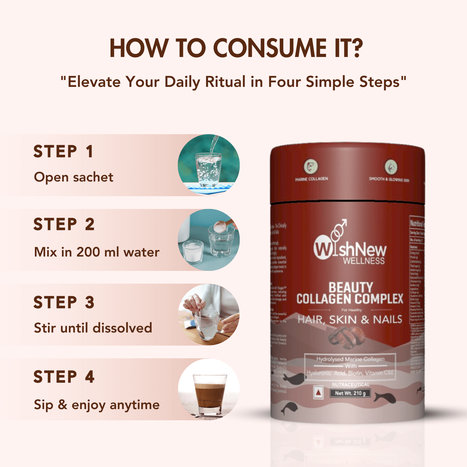 WishNew Wellness BEAUTY COLLAGEN COMPLEX | Radiant Skin, Lustrous Hair & Strong Nails | 21 Sachets with Collagen, Hyaluronic Acid, Biotin | Coffee Flavor | Natural Ingredients for Beauty Boost Pack of 2