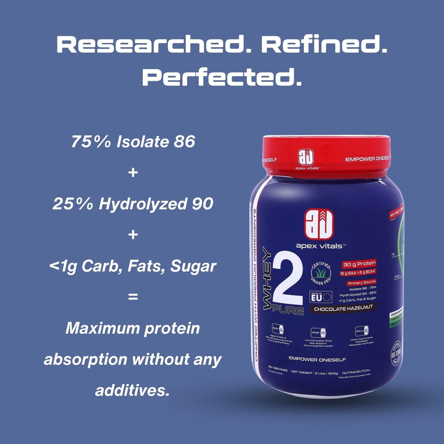 Apex Vitals Whey 2 Pure | Grass-fed Whey made in EU | Whey Isolate & Hydrolyzed | 30g protein, 15g EAA+8g BCAA | Digestive Enzymes | Muscle Build & Recovery | 900gm (2lbs)- 25+ Ser | Chocolate Hazelnut