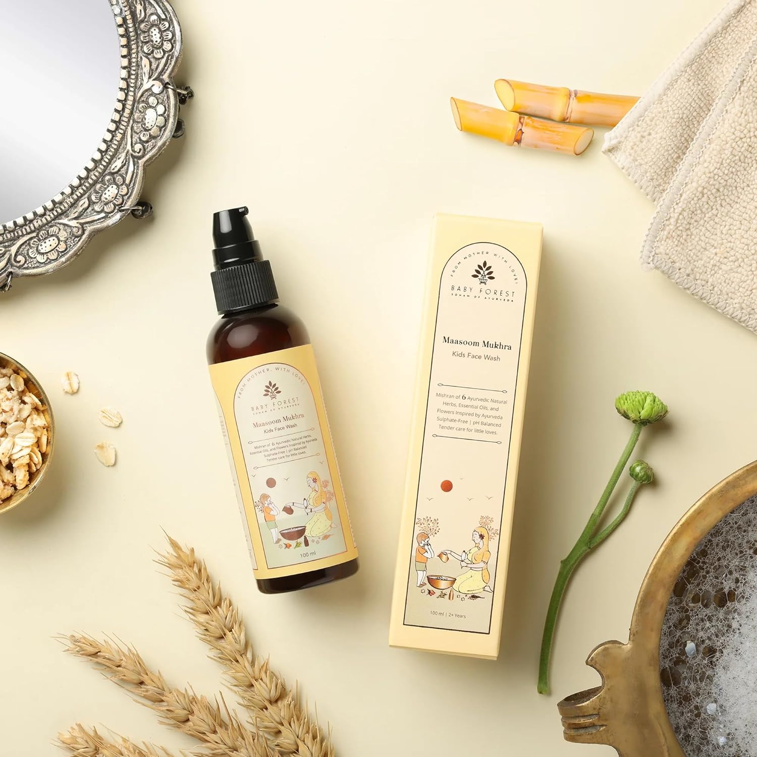 Baby Forest Maasoom Mukhra Ayurvedic Kids Face Wash | Mixture of 6 Ayurvedic Natural herbs, Essential Oils & Flowers | Vegan & Sulphate-Free | Derma Safe | Suitable for Age 2+ Years | 100 ml