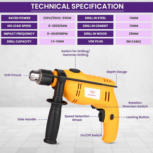Asian Paints Corded Electric Professional Impact Drill Tool kit, 550 Watts, 2900 RPM, Chuck 13mm Machine Variable Speed, Forward/Reverse Rotation, Double Insulation, Improved Carbon Brush (88 Pcs)