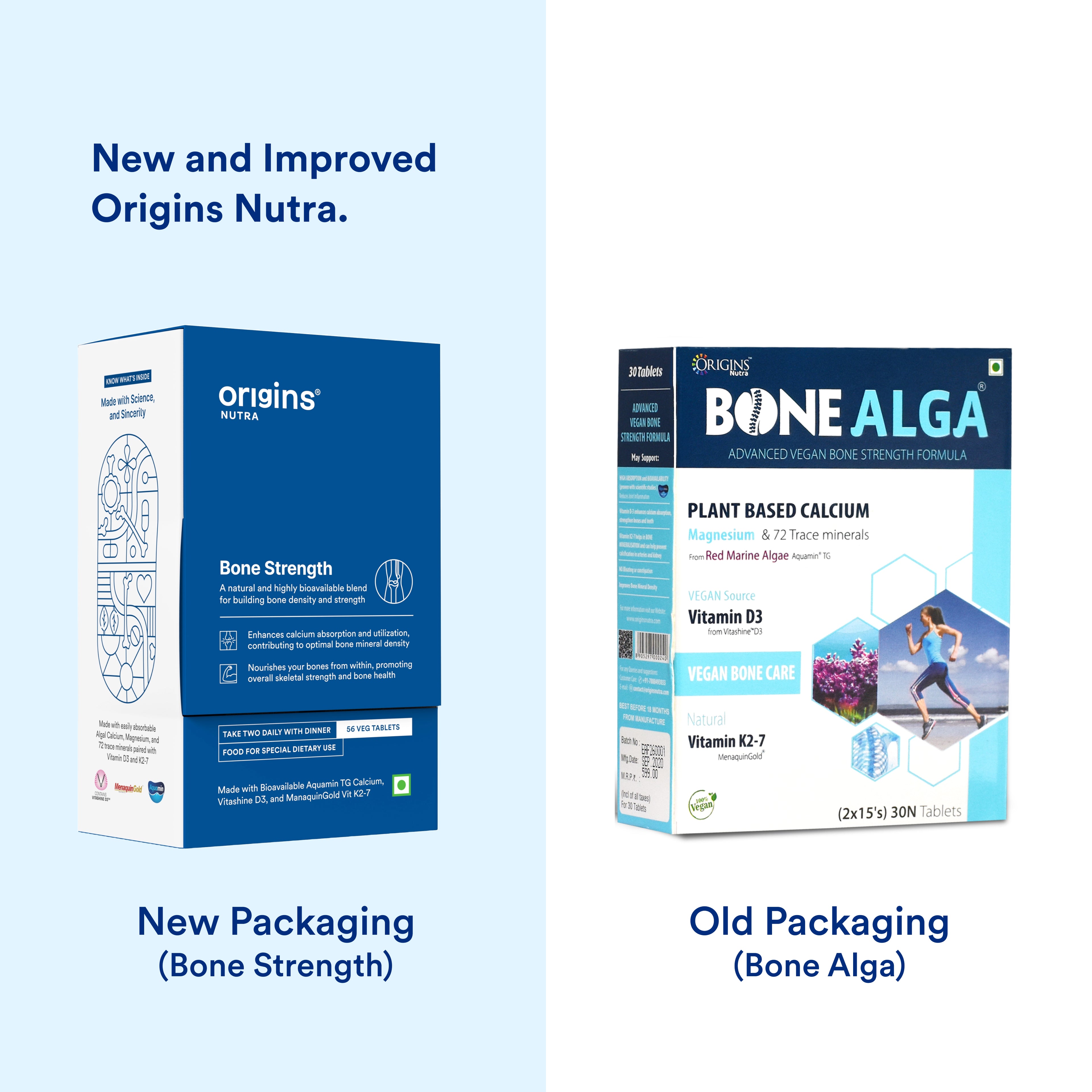 Origins Nutra Bone Strength | Builds Bone Density, Helps Joints Flexibility | Aquamin Tg, Natural Vitamin K27, Vitashine D3 | GMP Certified | For Men & Women | 56 Veg Tablets
