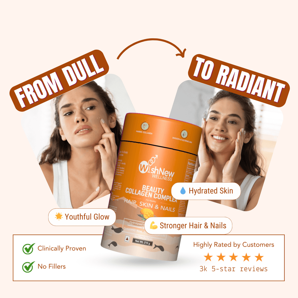 WishNew Wellness BEAUTY COLLAGEN COMPLEX | Radiant Hair, Skin & Nails | 21 Sachets with Collagen, Hyaluronic Acid, Biotin, Vitamins E & C, Rosehip & Curcumin Extracts | Enhanced Absorption Formula