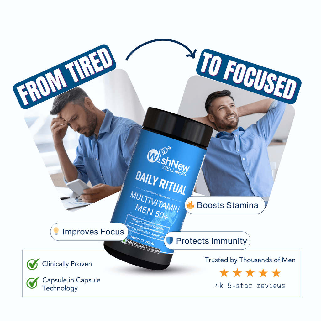 WishNew Wellness DAILY RITUAL Multivitamin for Men 50+ | Enhanced with MCT, Ashwagandha & Ginkgo | 120 Delayed Release Capsules