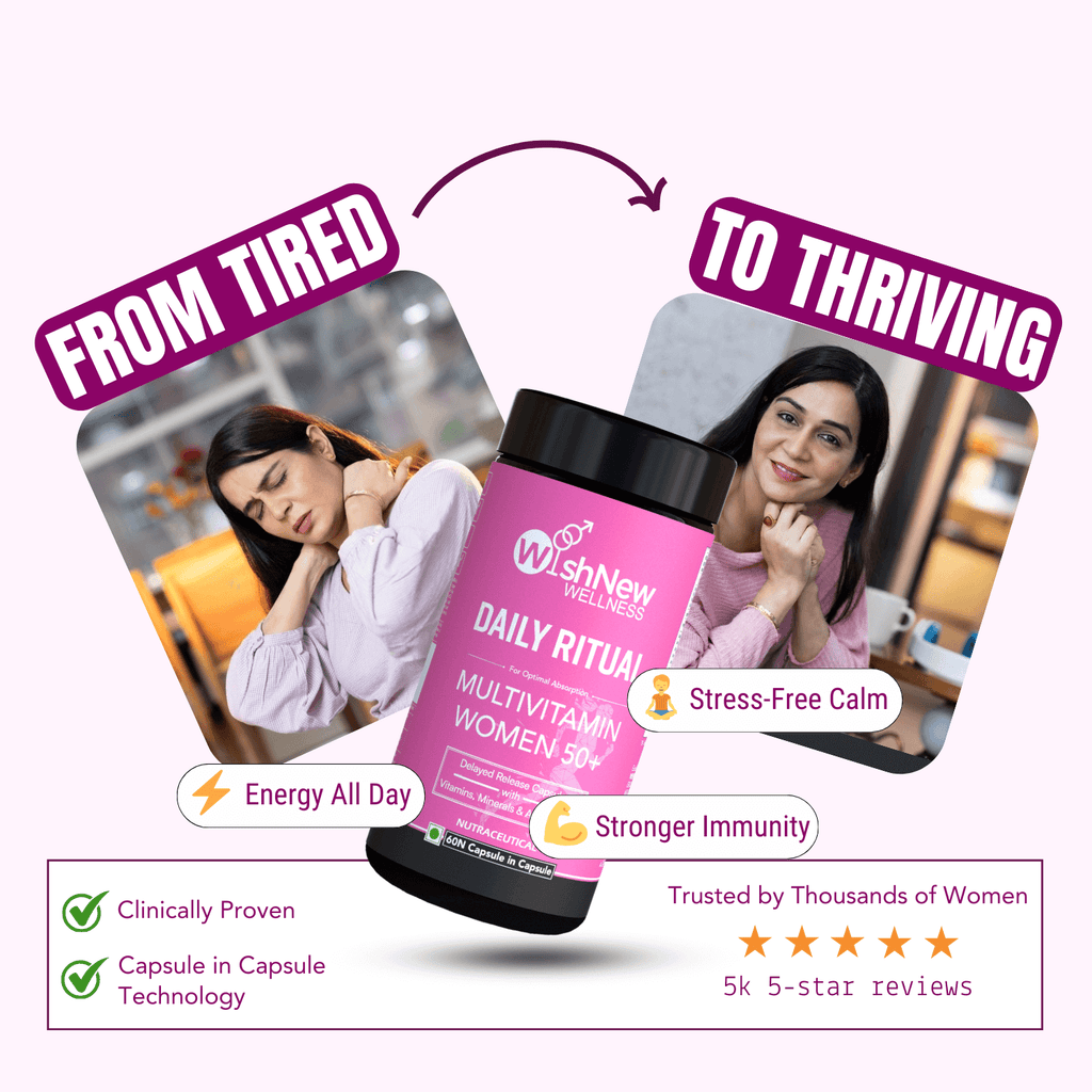 WishNew Wellness Daily Ritual Women's 50+ Multivitamin | Comprehensive Nutrient Blend for Menopause, Skin & Joint Health | 60 Delayed Release Oil Capsules for Optimal Absorption & Wellbeing Pack of 2