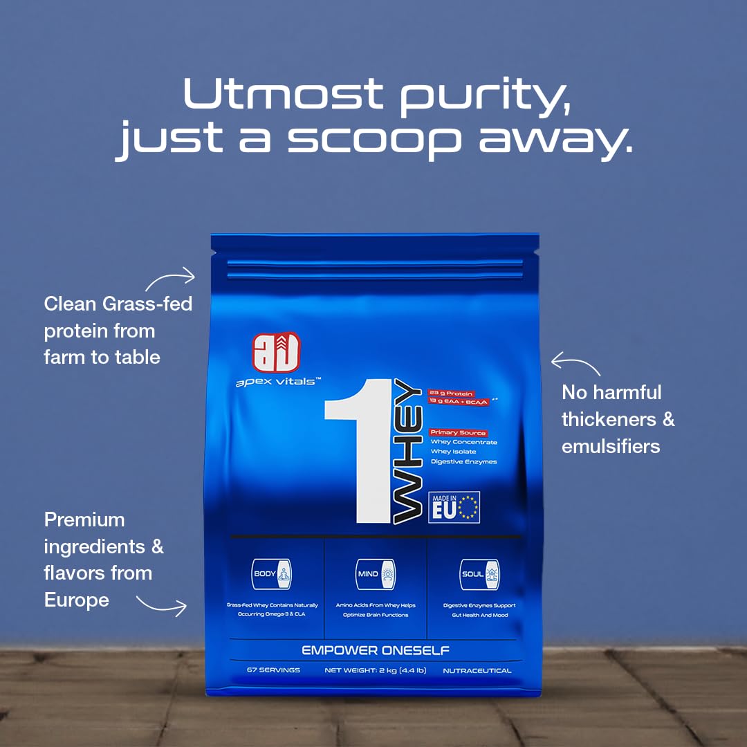 Apex Vitals 1 Whey |Grass-Fed Whey |Made In Europe |FDA,EFSA & FSSAI Certified |23g Protein, 13g EAA+BCAA |Concentrate 60%, Isolate 40%,Digestive Enzymes |2Kg-67 Ser-Iced Espresso