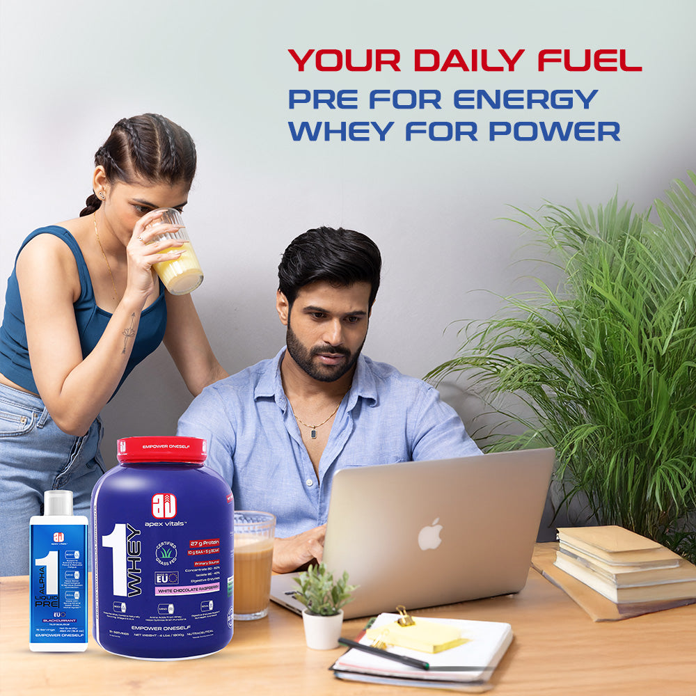 Apex Vitals - 1 Whey Protein Blend 4 lbs + Alpha 1 Pre-Workout Combo | Grass-Fed Protein Powder | Mohai Ignes Mineral Water | Muscle Strength & Recovery | White Chocolate Raspberry (4lbs)