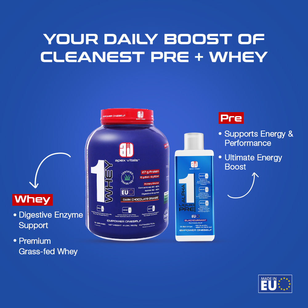 Apex Vitals - 1 Whey Protein Blend 4 lbs + Alpha 1 Pre-Workout Combo | Grass-Fed Protein Powder | Mohai Ignes Mineral Water | Muscle Strength & Recovery | Dark Chocolate Orange (4lbs)